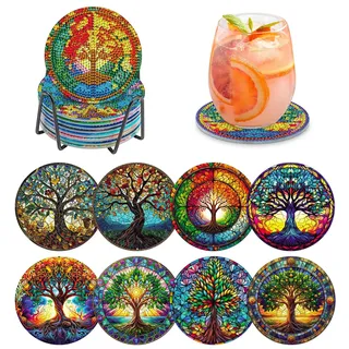 8 Stück Diamond Painting Untersetzer mit Halter, Untersetzer Rund Magischer Baum DIY Untersetzer Serviertablett rutschfest für Weingläser, Tassen, Vasen und Heimküche