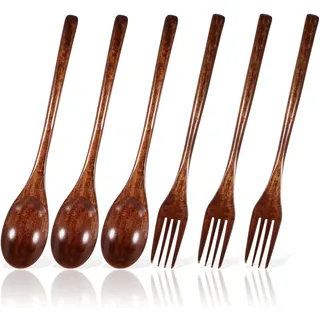 LIQWEI 6 Stück Holzbesteck Set, Hölzern Löffel Gabel Set Holzlöffel Holz Gabeln Lange Griff japanisch Stil Besteck Sets Für Camping Draussen Küche Kochen Abendessen Geschirr