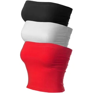 MixMatchy Damen 3er-Pack Röhren-Tops mit gerüschten Seiten, Doppellagiges Schlauchoberteil mit Büstenhalter aus Baumwolle, 3er-Pack – Schwarz/Weiß/Rot., Klein