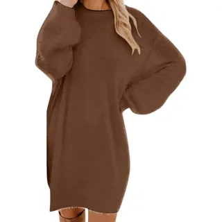 Pullover Damen Oversize Longpullover - Herbst Winter Pulloverkleid Lang Lose Strickkleid Damen Lässig Modische Wollkleid Knielang Dresses Langarm Warme Pullis Rundhals Elegante Winterkleid