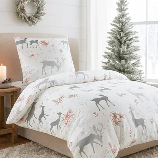 BaSaTex Microfaser Bettwäsche Set, 2-TLG., 135x200 + 80x80 cm, Weiss Grau | Warme Winter Flausch Fleece, Thermofleece Rentier