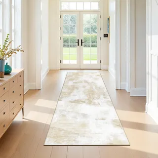 SHACOS Teppichläufer Flur Modern, Rutschfester und Waschbarer Küchenläufer, Langer Teppich Läufer für Küche, Wohnzimmer und Eingangsbereich, Beige, 80 x 200 cm
