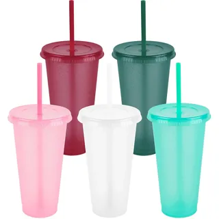 5 Stück Bunte wiederverwendbare Kunststoffbecher mit Deckel und Trinkhalmen, 24oz Trinkbecher,bruchsicher, für Partys, Camping und Kinder,Plastikbecher Smoothie Kaffee Becher To Go Reisebecher Tasse