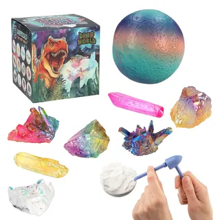 DEPESCHE 12156 Dino World Galaxy - Ausgrabungsset für Kinder, Bunte Kugel mit 3 Edelsteinen, inkl. Hammer, Meisel und Pinsel