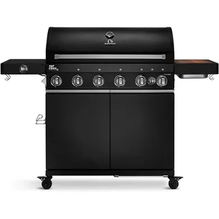 BURNHARD 6-Brenner Gasgrill Fat FRED Deluxe Black Series 3 inkl. Backburner, 900°C Infrarot-Keramikbrennern, Seitenkochfeld, Gusseisen-Grillrost, Grillabdeckung, Grillwagen, klappbare Seitentische