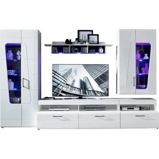 Wohnwand - Weiß matt - Weiß Hochglanz - 5-teilig - LED-Beleuchtung - Weiß