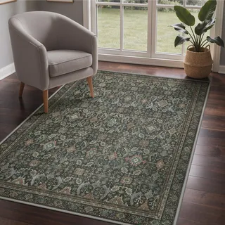GENIMO Boho Vintage Teppich, Waschbar & rutschfest, Kurzflor Teppich für Wohnzimmer, Schlafzimmer oder Esszimmer, Stilvoller Carpet, Antikes Graubraun, 120x170 cm