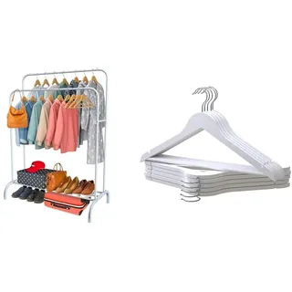 PORTENTUM Kleiderständer Stabil aus Stahl Weiß mit Rollen und Doppelstange + 10 Kleiderbügel aus Holz Weiß mit Drehhaken | Premium-Lösung für Aufbewahrung und Stil