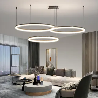 Mikeru Moderner Led Pendellampe, Wohnzimmerlampe 40+60+80cm Verstellbare Runde Pendelleuchte, 100w 3-Ring Kreisförmige Led Hängelampe Mit Memory-Funktion 10%-100% Dimmbarer Kronleuchter Kücheninsel