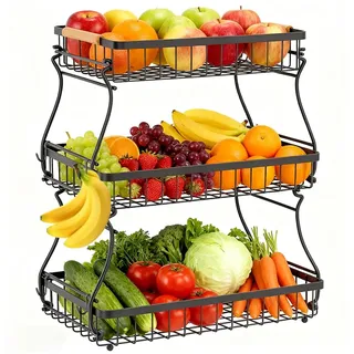 Piashow Obst Etagere 3 Stöckig, Obstkörbe Etagere 3 Etagen mit 2 Bananenhalter, Metall Abnehmbare Obst Etagere Schwarz für Obst, Brot, Gemüse, Snacks, Aufbewahrung für Küche
