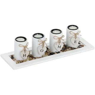Relaxdays Teelichthalter Set mit Tablett & Steinen 39,5 cm weiß