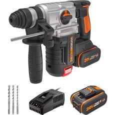 WORX NITRO WX380 Akku-Bohrhammer 20V - zum Bohren, Hammerbohren & Meißeln - bürstenloser Motor - stufenlose Drehzahleinstellung - verschiedene Stoff kompatibel - inkl. 2x4Ah Akkus & Schnellladgerät