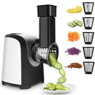 Voluker Elektrischer Gemüsehobel, Elektrisch Schnitzelwerk, Multifunktionsreibe, Gemüse Raspel, 150 Watt, Trommeln aus Edelstahl, 4 Kegel-Klingen