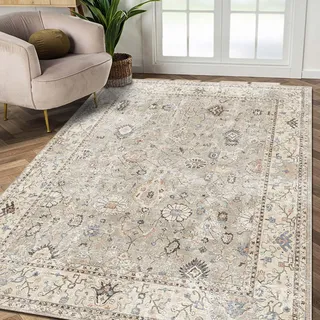 bamyum Monty Bedruckter Teppich Chenille-Druck Maschinell Hergestellt 200 x 300 cm, Waschbarer Wohnzimmer Vintage Schlafzimmer, Antibakteriell Antirutschunterlage Küchenteppich Beige