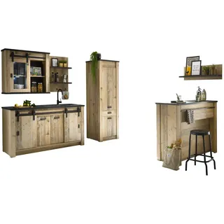 furn.design Küche mit Theke "Stove" in Used Wood Küchenschrank Set 6-teilig - Naturbelassen, Dunkelgrau