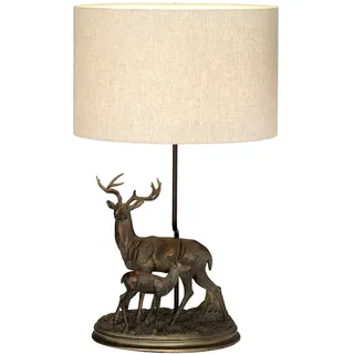 Tischlampe Stoff Resin Hirsch in Bronze antik Natur E27 Tischleuchte Wohnzimmer