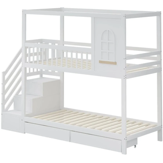 Merax Etagenbett 90x200cm Hausform Stauraum Schubladen Weiß