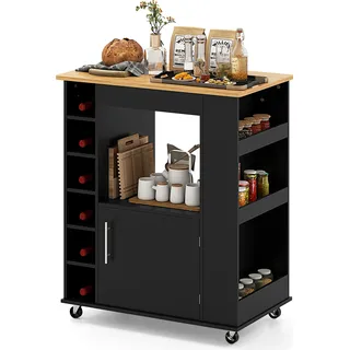 COSTWAY Küchenwagen mit Handtuchhalter und Gewürzregalen, für 6 Flaschen, rollbar schwarz - Schwarz, Naturbelassen