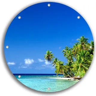 Wallario rundes Outdoor-Poster für Garten oder Balkon, Motiv Blauer Himmel weißer Strand Palmen und das tiefblaue Meer, 30 cm Durchmesser - Blau