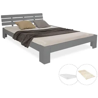 Homestyle4u Holzbett mit Matratze 120/200 cm grau , Holz , Kiefer , 120x200 cm , Schlafzimmer, Betten