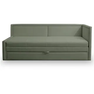 Selsey Polsterbett 91 x 205 cm Schlaffläche 163 x 189 cm Gepolstertes Bett Tagesbett Sofabett Jugendbett Robuster Stoff T30 Schaumstoff Ausziehbar Stauraum Salbei Caprili