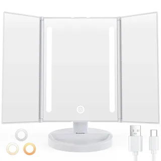 Auxmir Schminkspiegel mit Beleuchtung, 40 LED Kosmetikspiegel mit 3 Lichtfarben & Dimmbare Helligkeit, Faltbar Spiegel Tischspiegel mit Touchschalter