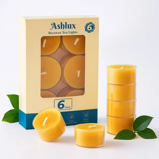 Ashlux Bienenwachskerzen – 6 Stück, 100% reines Bienenwachs Teelichter, 6 Stunden Brenndauer, Rauchfrei & Tropffrei, Gelb, für Hochzeit, Party und Zuhause