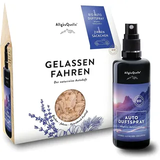 AllgäuQuelle Bio Autoduft-Set Lufterfrischer Lavendel mit Zirben-Säckchen als natürlichem Duftbaum Spray 100 ml