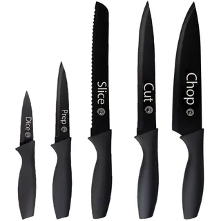 MasterChef Messer Set, Messerset mit Küchenmesser, Kochmesser, Brotmesser, Schälmesser & Allzweckmesser, Schneidemesser Küche Set, Scharfe Messer mit Edelstahlklingen, Softgriff, 5-teilig, Schwarz