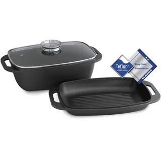 KITCHEN CREW Aluguss Bräter 5,8 Liter inkl. Grilldeckel mit integr. Aromaknopf, Alugussbräter, Schmorpfanne, Kasserolle mit Dampfloch, Oval, antihaft Teflonbeschichtung bis 240°C