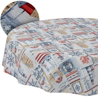 Tischdecke abwaschbar Tischtuch Lotuseffekt pflegeleicht aus Baumwolle Polyester schmutzabweisend Outdoor Gartentischdecke Maritim Rund 140cm