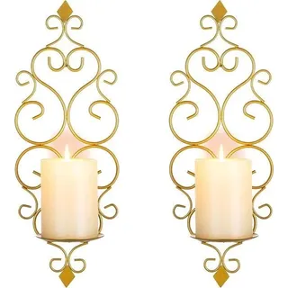 Wandleuchter golden – 2er-Set, Wandhalter für Kerzen und Teelichter, Vintage-Barock-Stil, Wohnzimmerdekoration