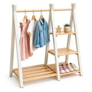 Relaxdays Kleiderständer Kinder, Kiefernholz, Kleiderstange & Regal, HBT: 111,5 x 112 x 48 cm, Kinderzimmer, Natur/weiß