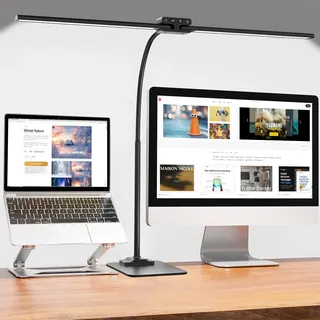 EppieBasic 24W Doppelkopf Schreibtischlampe LED Dimmbar mit Metallbasis, 80cm Groß Schreibtischlampe für Homeoffice, Augenschutz Schwanenhals Büro Tischlampe, Monitor Lampe, Tageslichtlampe - Schwarz