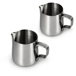 Ganzoo Milchkännchen aus Edelstahl zum Aufschäumen 2er Set, Barista Milchkanne 150 ml je Kännchen, Hochglanz Silber, mit Henkel und Ausgießnase, spülmaschinengeeignet