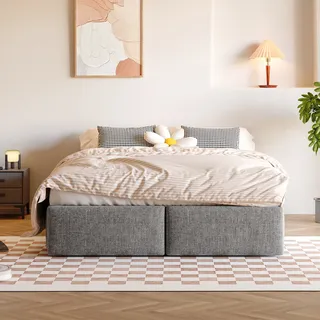 Flieks Polsterbett 140x200cm mit 2 Schubladen, Hydraulisches Boxspringbett mit Lattenrost, Stauraumbett Doppelbett Holzbett ohne Kopfteil, Grau - Grau