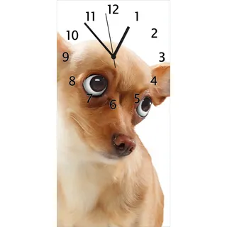 Wallario Design Wanduhr Lustiger Hund mit fliegenden Ohren aus Echtglas, Größe 30 x 60 cm - Weiß