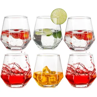 Inweder Old Fashioned Whiskygläser: 6 Stück Stemless Trinkgläser Klar | 300 ml Fassungsvermögen, Geometrisches Diamant-Design, Modern Look Tumbler für Bourbon/Kraken/Rum/Cocktails/Wasser/Saft