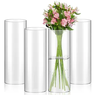 ZOFUN 4 Stück 30cm Glasvase Gross Klar Glasvase Zylinder Runde, Blumenvase Glas Vasen Vase Groß für Orchideen, Rosen, Tulpen, Pampasgras, Tischdeko, Kerze etc