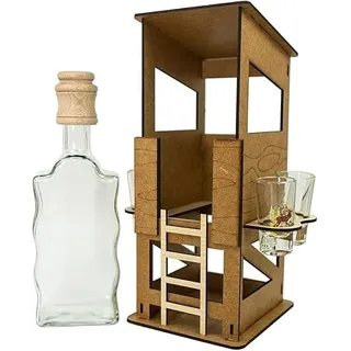 Holz Jagdkanzel mit Karaffe & 6 Gläsern – Geschenkset für Männer | Flaschenhalter für Alkohol | Bar Deko | Whisky Schnaps Likör | Originelles Männergeschenk