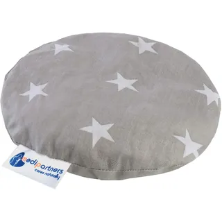 Medi Partners Kirschkernkissen Mikrowelle für Babys 180g rund 15cm Körnerkissen Wärmekissen 100% Baumwolle Öko Natur - Kirschkernkissen Wärme + Kältetherapie Massagetherapie (weiße Sterne mit grau)