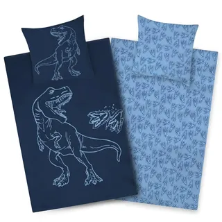 Aminata kids Dino Bettwäsche 135x200 Jungen Baumwolle Dinosaurier-Dino-Motiv Kinder-Bettwäsche-Wende-Set T-Rex | mit Reißverschluss blau - 2tlg