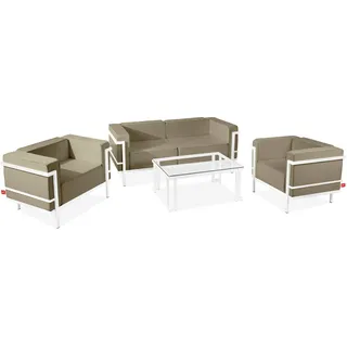 KONSIMO GARTENLOUNGE SET 4-tlg. 1x Tisch 2x Sessel 1x Sofa 2-Sitzer "TRIGLO" Weiß/Beige, Stahl/Polyester/Schaumstoff/gehärtetes Glas, Modern, 2*99x70x69 cm | 164x70x69 cm | 90x41x60 cm - Weiß
