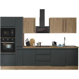 Küchenzeile KOCHSTATION "Florida", schwarz (küche: schwarz, front: artisan eiche, schwarz matt, korpus: artisan eiche, arbeitsplatte: artisan eiche), B:310cm H:211cm T:60cm, Komplettküchen-Sets, Küchenzeile, Breite 310 cm, wahlweise mit E-Geräten,Softclose für Türen/Schubkästen