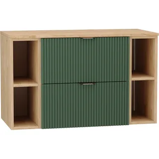 WENA Waschtischunterschrank 100 cm, mit 2 Regale, geriffelte Fronten, Griffe aus Metall in der Farbe Gold (Farbe: Salbei/Eiche) - Grün, Bronze