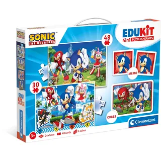 CLEMENTONI Edukit 4 in 1 Sonic Spielset (Memo, Puzzle 30 Stücke, 6 Würfel) - pädagogische Spiele für Kinder - Memory und Logik-Spiel 18318