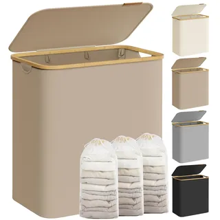 SONGMICS Wäschekorb mit Deckel, Wäschesammler mit 3 Fächern, 150 L, herausnehmbarer Wäschesack, Oxford-Gewebe, Griffe aus Bambus, zusammenklappbar, 60 x 38,5 x 70,5 cm, kamelbraun LCB515N02