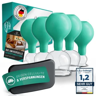 KURGLAS [Das Original] Schröpfgläser aus Echtglas [5 Stück] - Medizinische Schröpfen mit Saugball & Faszienschaber - mit starker Saugleistung - Schröpfset mit e-Book - Gegen Verspannungen & Cellulite