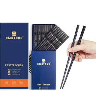 AMOTANG 10 Paar Essstäbchen Set, Spülmaschinenfeste japanische Sushi Stäbchen aus Fiberglas, Chopsticks mit Gravur, Rutschfeste chinesische Essstäbchen, 23cm - Shwarze Kirschblütenmuster