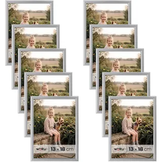 WOLTU Bilderrahmen 13x18, 10er set, Kunststoff Fotorahmen mit Passepartout | Silber, Posterrahmen New Lifestyle für Poster, Fotos, bruchsichere PS-Platte, aufhängbar u. aufstellbar, Collage-Wanddeko